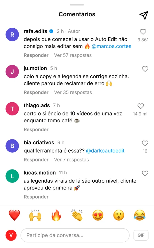 Comentários de exemplo num post do Instagram elogiando o Auto Edit