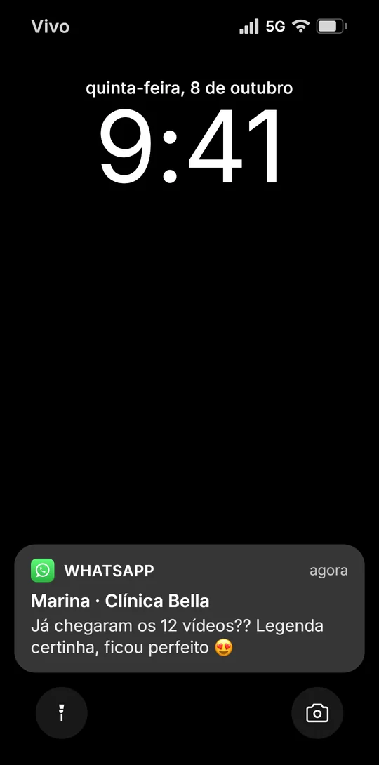 Notificação de exemplo do WhatsApp de uma cliente